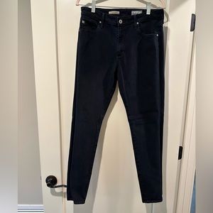 AG brand high rise, skinny jeans, very dark blue in color, size 30